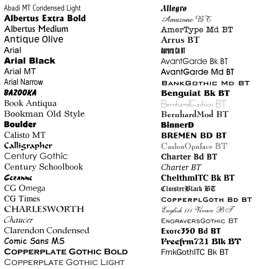 Font list so you can see what various fonts look like