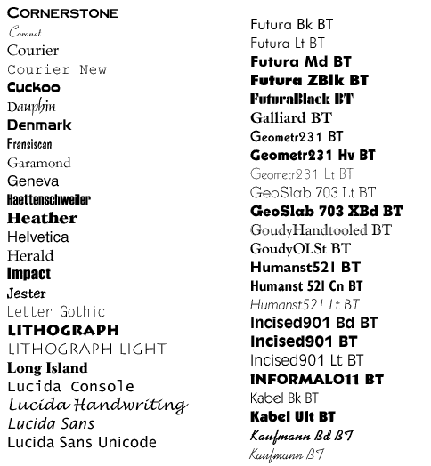 Text List of Fonts Above:(searchable) [return to top]