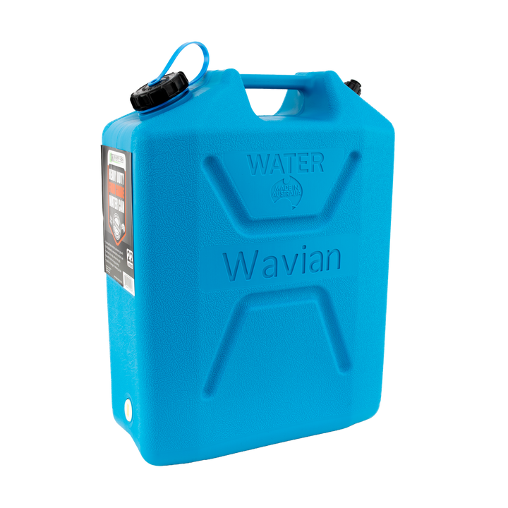 Blue Wavian 22L water can, front three-quarter view