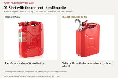 Genuine Wavian 20L fuel can beside a similar-looking can from an online spout listing.