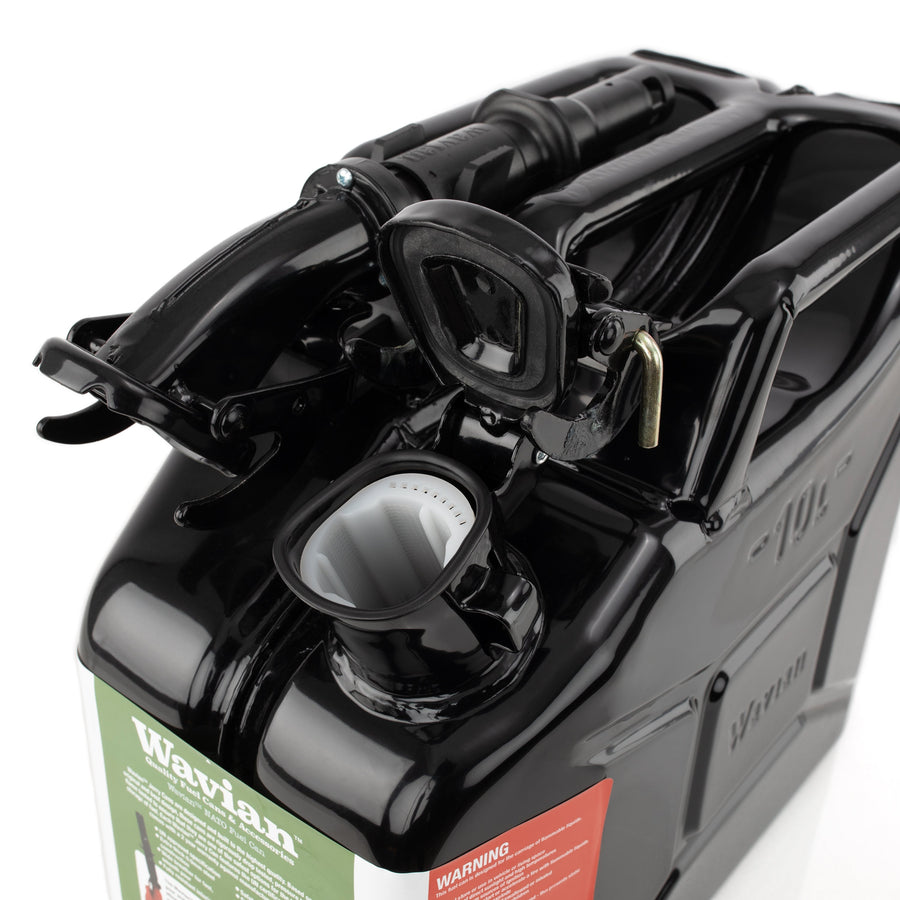 Wavian 10L NATO jerry can in Black — spout and cam-lever closure detail