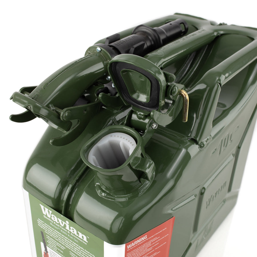 Wavian 10L NATO jerry can in Olive Drab — spout and cam-lever closure detail