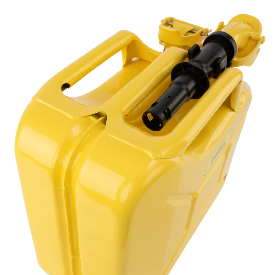 Wavian 10L NATO jerry can in Yellow — three-handle top detail