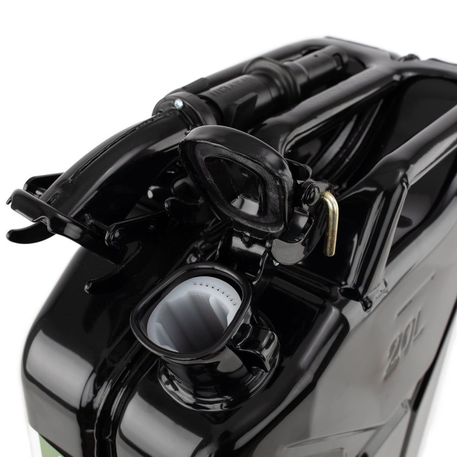 Wavian 20L NATO jerry can in Black — spout and cam-lever closure detail