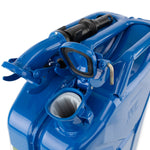 Wavian 20L NATO jerry can in Blue — spout and cam-lever closure detail