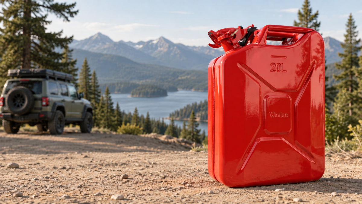 Wavian 20L red jerry can on a mountain overlook