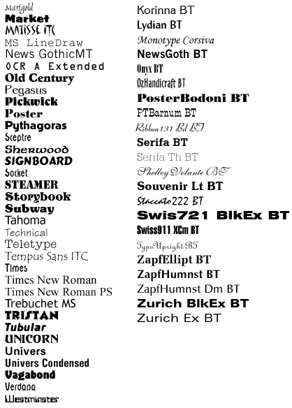 Font list - so you can see what various fonts look like